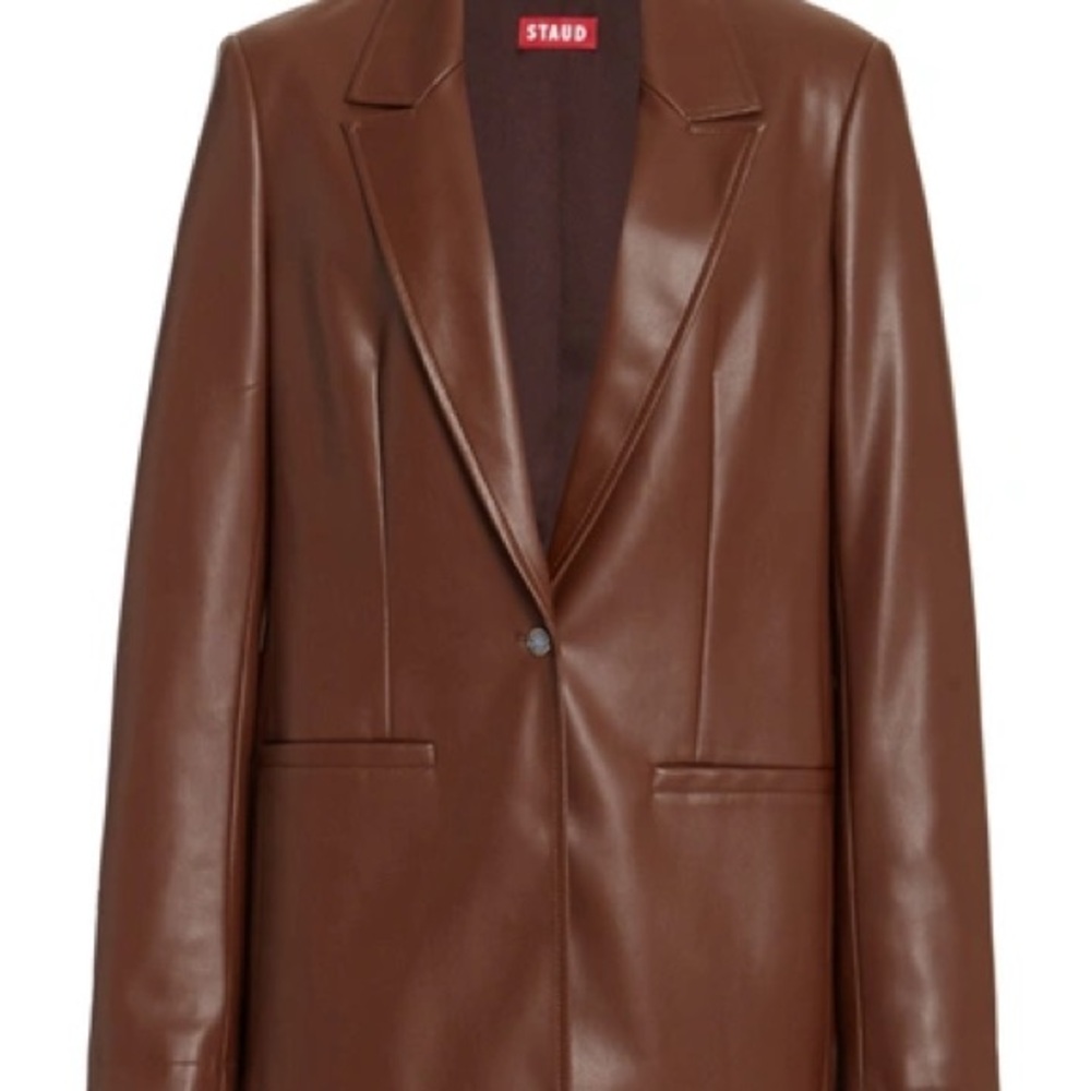 STAUD Chocolate Brown Leather Single-Button Blazer